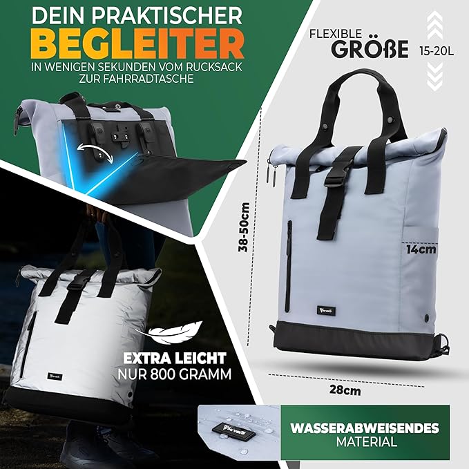 MIVELO - Sacoche pour porte-bagages - Capacité 22 l - Polyester - Réfléchissant & Noir - Avec pochette pour ordinateur portable & bandoulière - Pour E-bike & City Bike