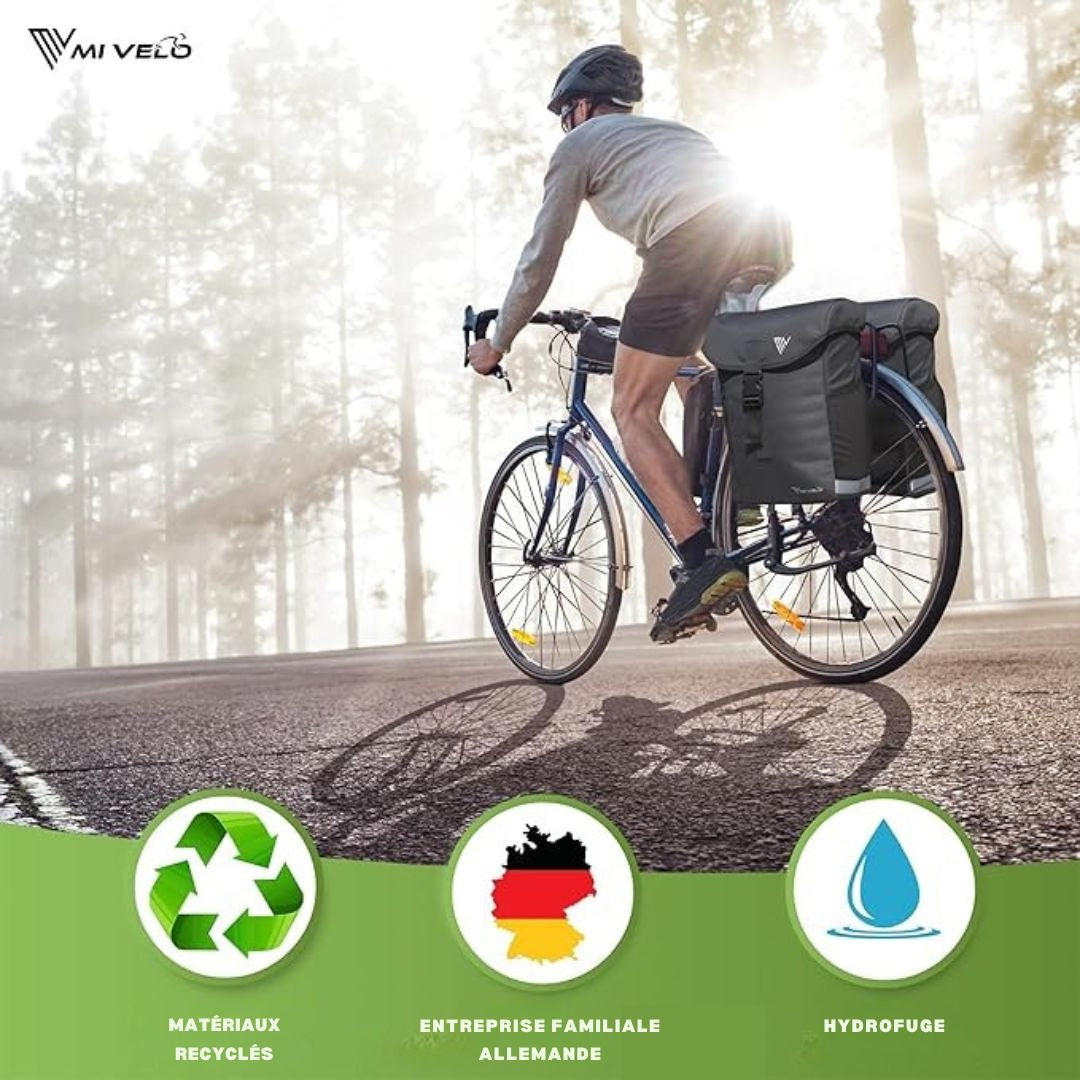 Sacoche double pour vélo MIVELO - Capacité 36L - Protection contre la pluie - Compatible MIK & Racktime - Matière recyclée - Noir