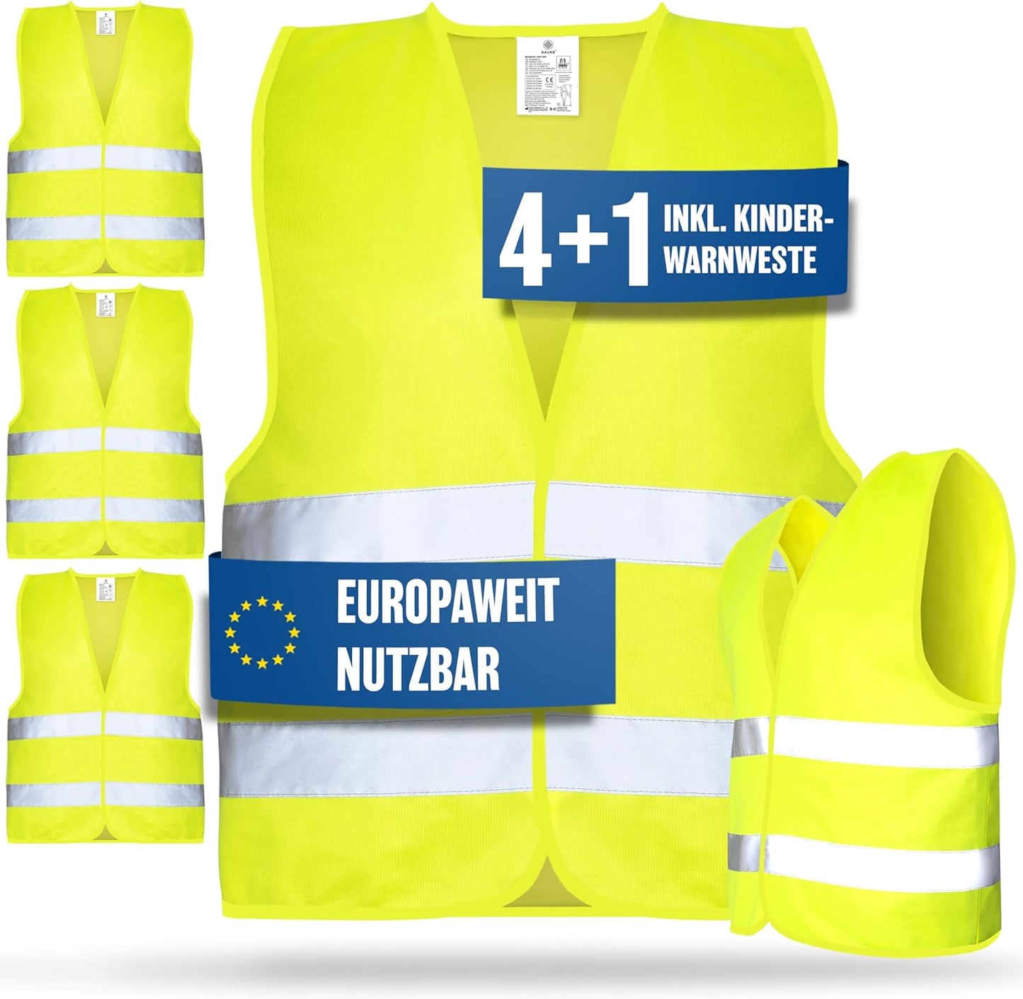 Gilets de sécurité Heroic pour la voiture - Ensemble 5+1 - Comprend un gilet pour enfants - Approuvé par l'UE - Réfléchissant - Jaune