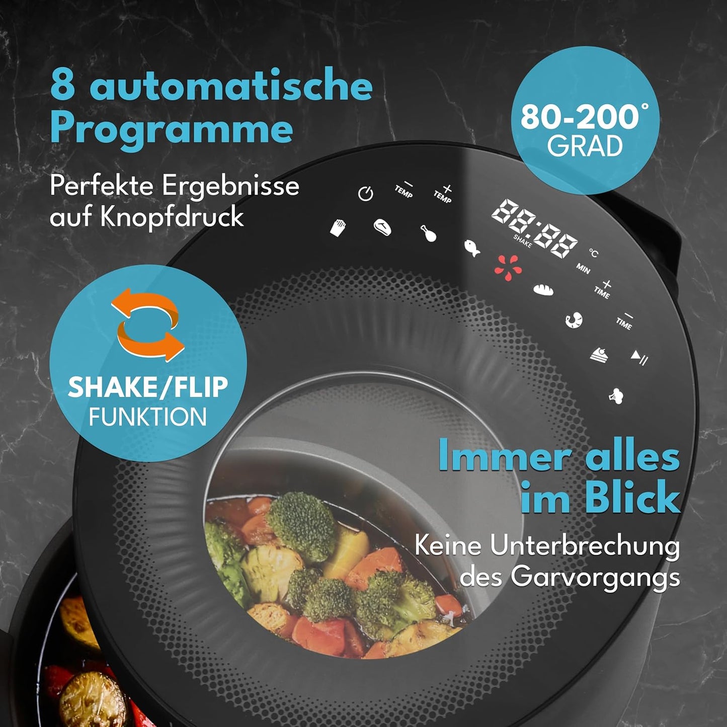 LEBENLANG Airfryer 5L & 1500W - 8 Programmes - Livre de recettes inclus - 45 x 30 x 27 cm - Noir
