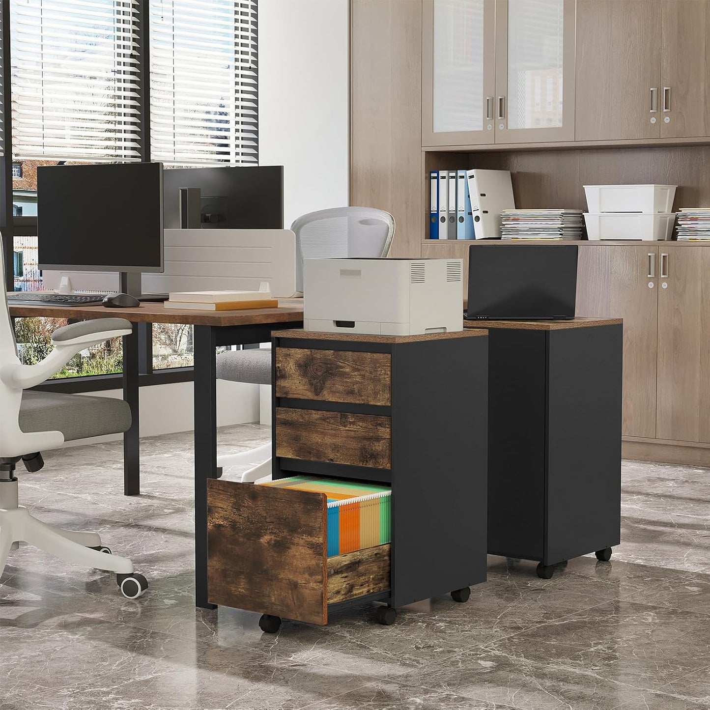 Woltu Mobile Filing Cabinet - Conteneur à roulettes avec 3 tiroirs et roulettes - Industrial Dark Oak/Black - 40 x 40 x 70 cm