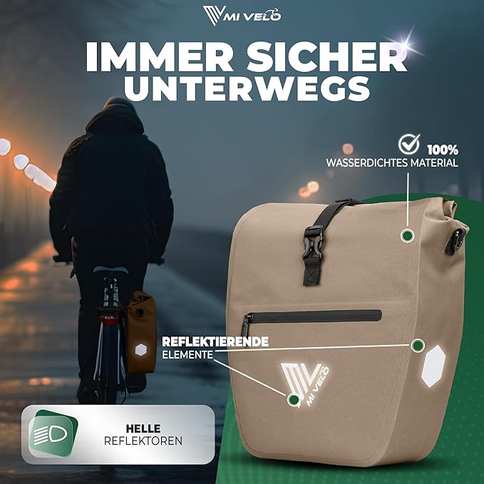 MIVELO Pannier - Imperméable & Bandoulière incluse - 20 litres - Sandbeige