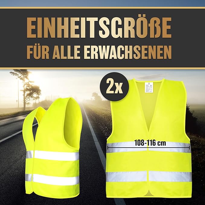 HELDENWERK Gilet de sécurité pour la voiture, lot de 2 adultes - Gilet de sécurité réfléchissant fluorescent 2026 - Gilet de sécurité pour la voiture, gilet de dépannage, certifié UE
