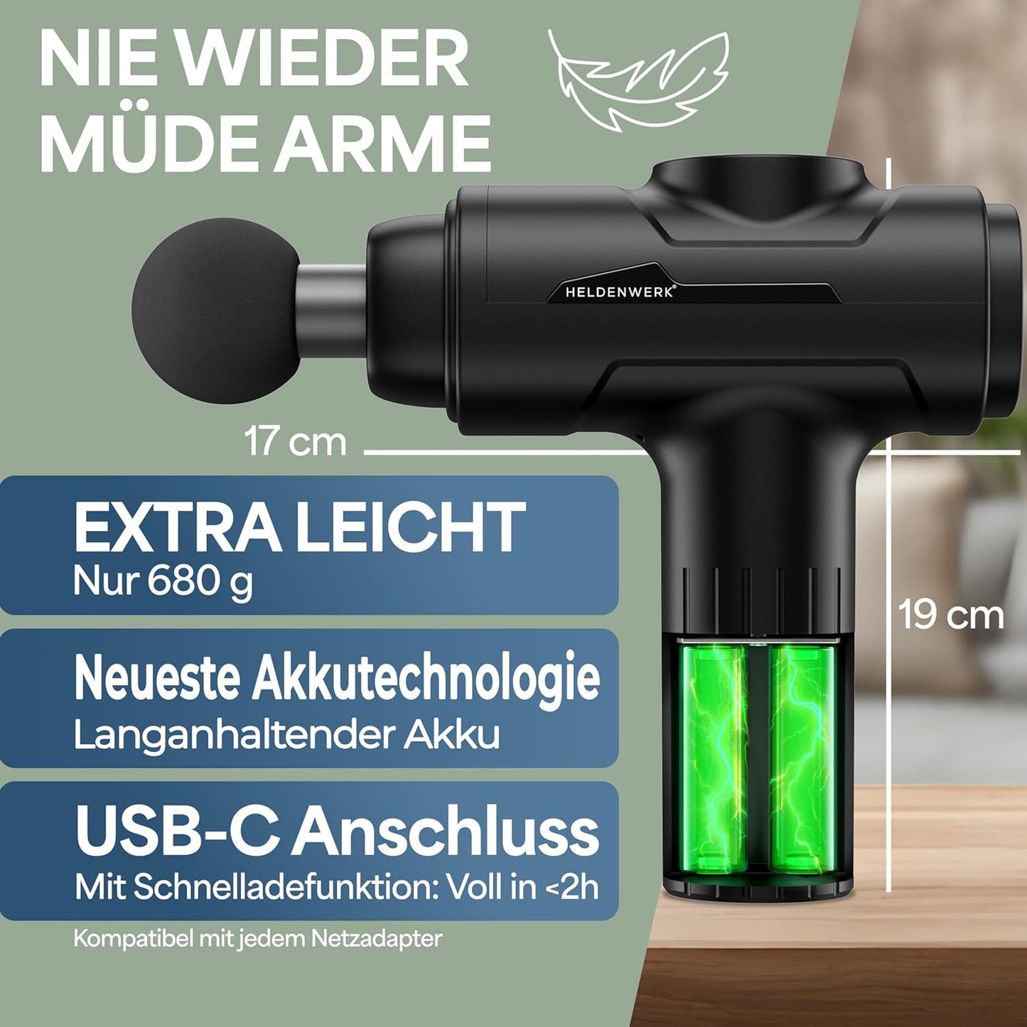 HELDENWERK Pistolet de massage actif - noir - 30 vitesses - 6 têtes de massage - silencieux - rechargeable par USB-C - écran tactile LCD - étui de rangement inclus - noir