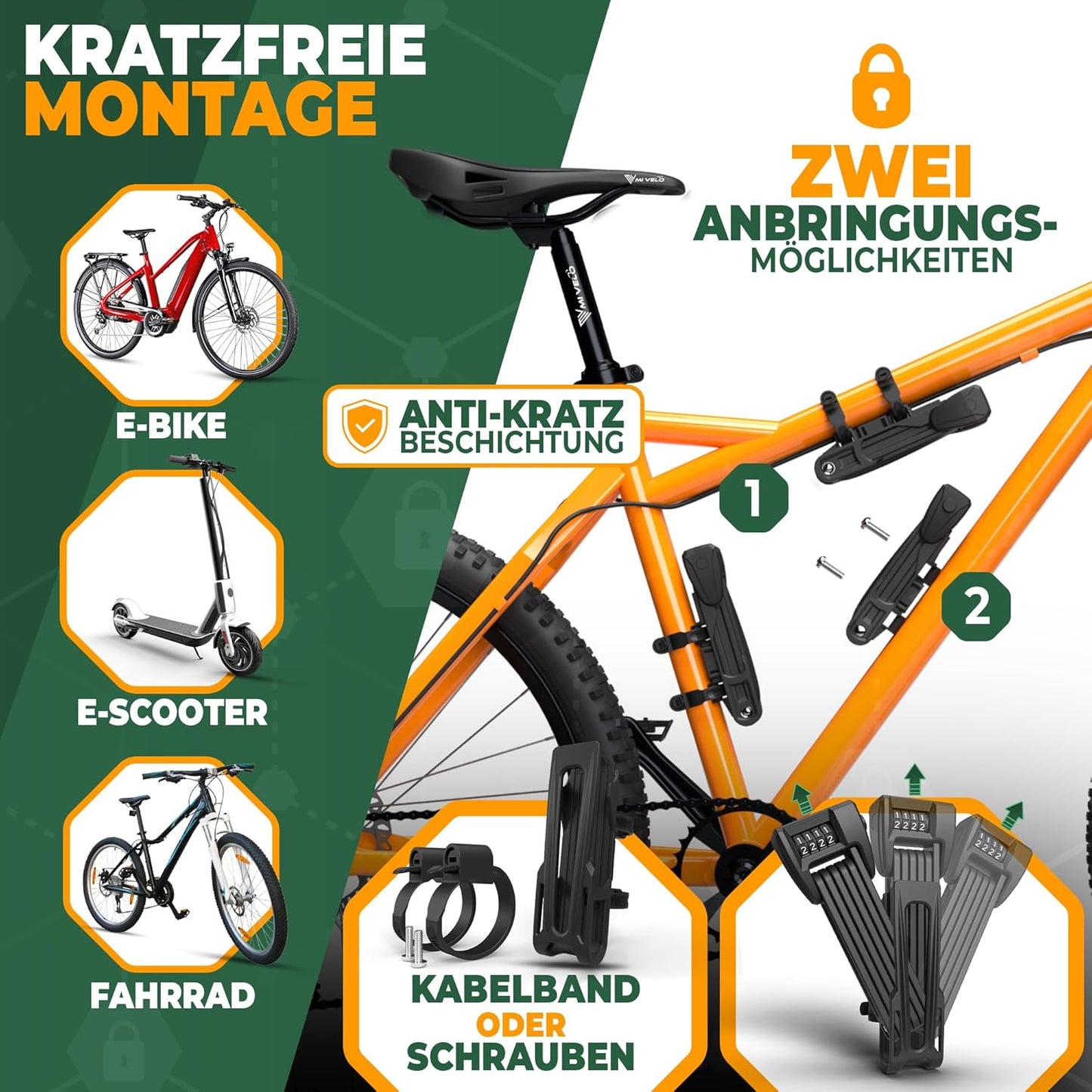 Antivol à code pour vélo MIVELO - pliable - avec compartiment secret pour AirTags - 90 cm de long - acier robuste - 19,5 x 7 x 4 cm