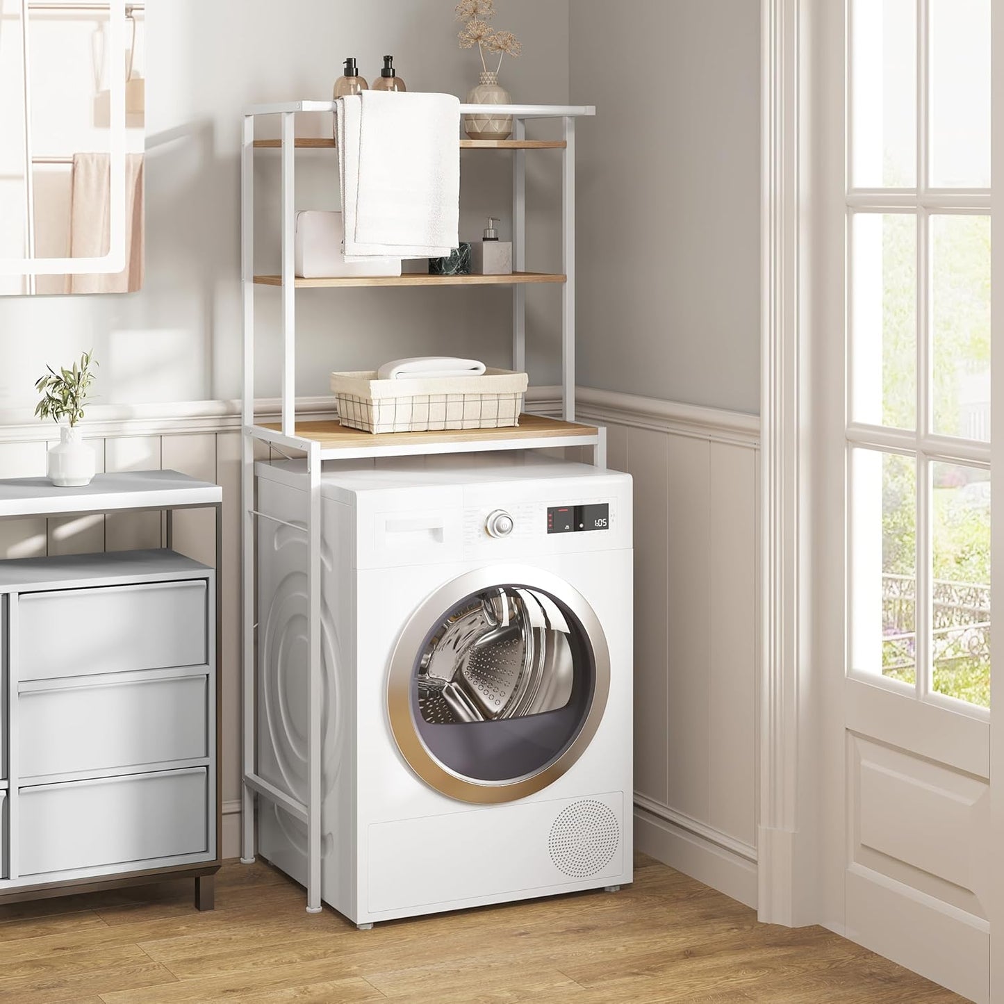 Eugad Support pour lave-linge / Support pour toilettes - Meuble de rangement supérieur avec 3 étagères et porte-serviettes - 67 x 162 x 40 cm - Blanc