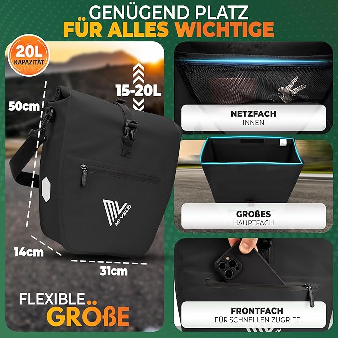 MIVELO Pannier - Imperméable & Incl. Compartiment pour ordinateur portable & Bandoulière - 20 litres - Noir