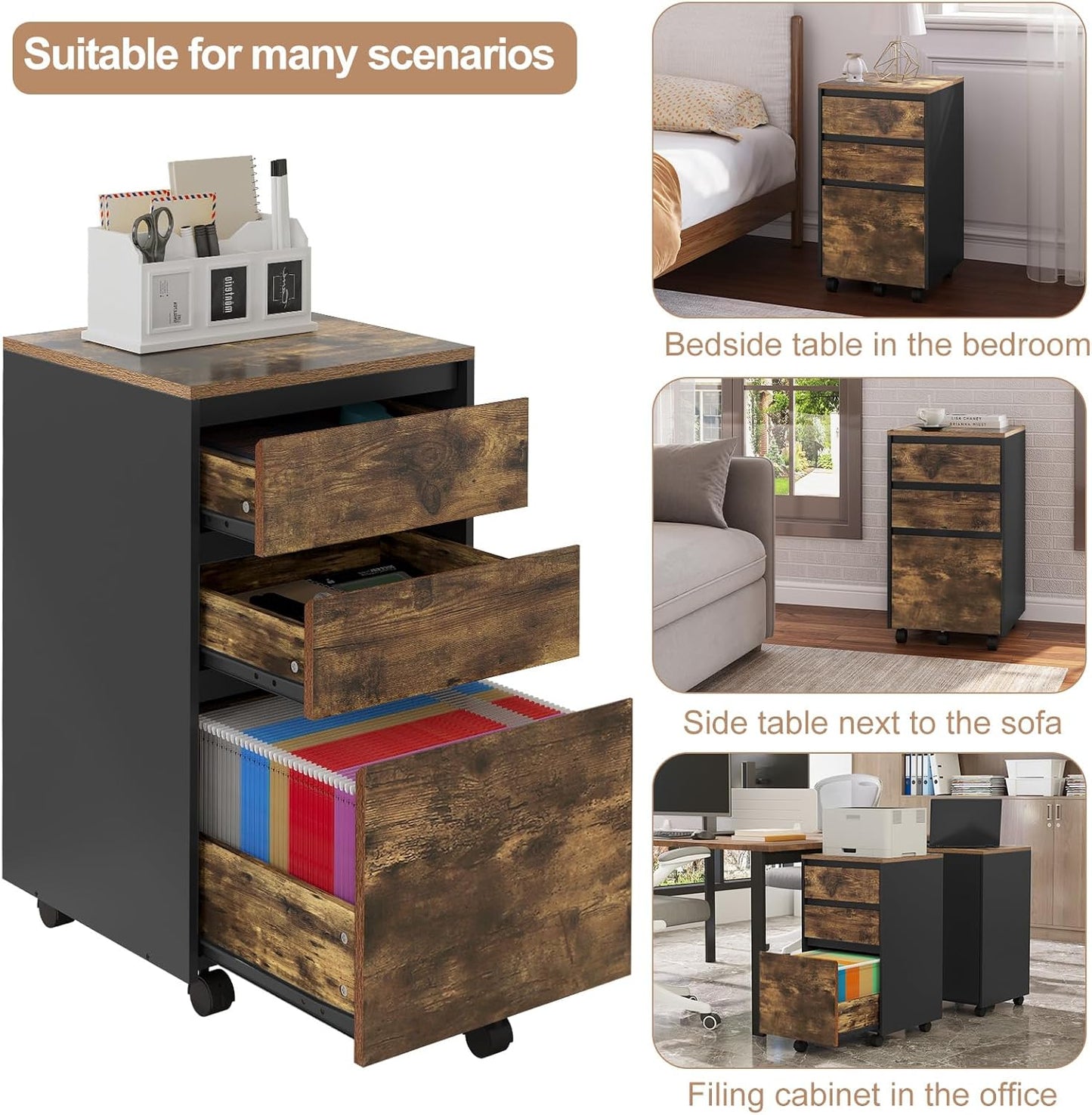 Woltu Mobile Filing Cabinet - Conteneur à roulettes avec 3 tiroirs et roulettes - Industrial Dark Oak/Black - 40 x 40 x 70 cm