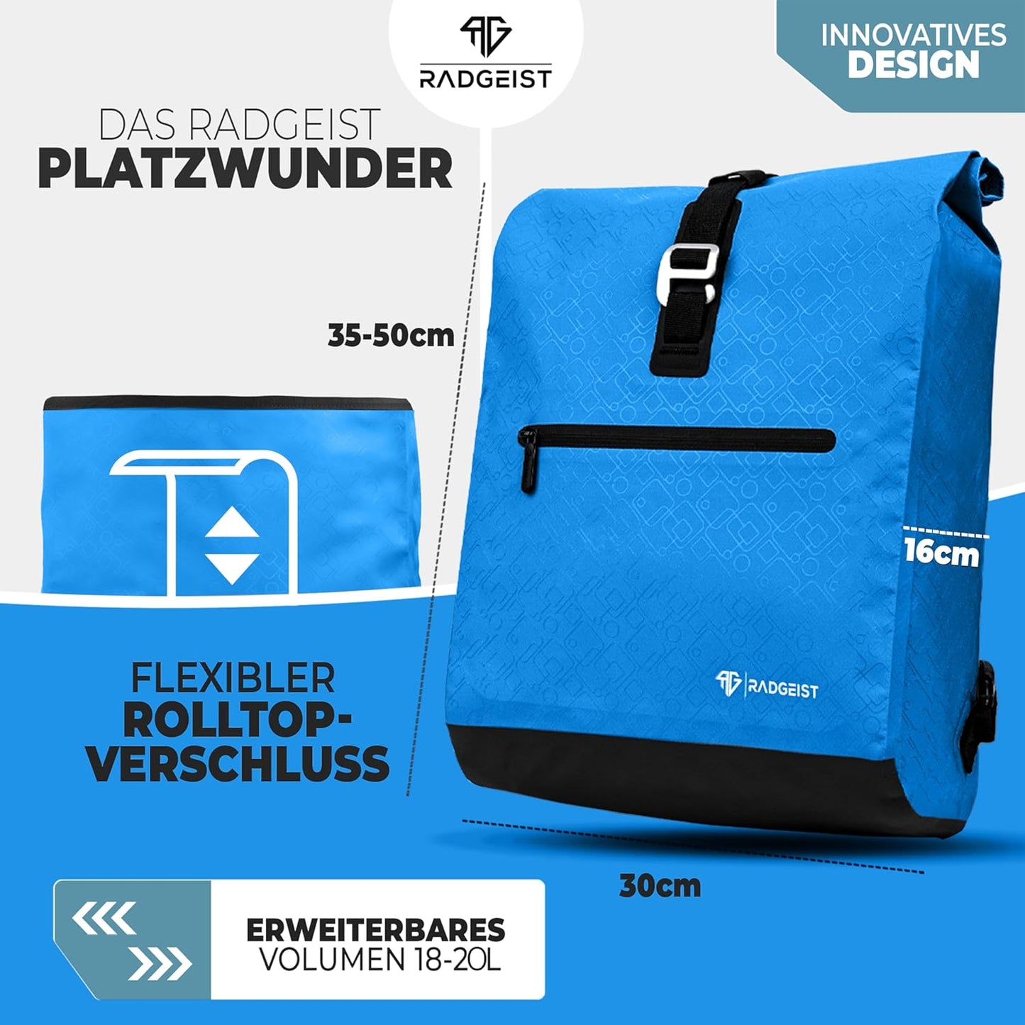 RADGEIST sac à vélo pour porteur I sac à vélo & sac à dos I sac à vélo pour femmes & hommes I sac à bandoulière & sac à vélo pour vélo 20L bleu