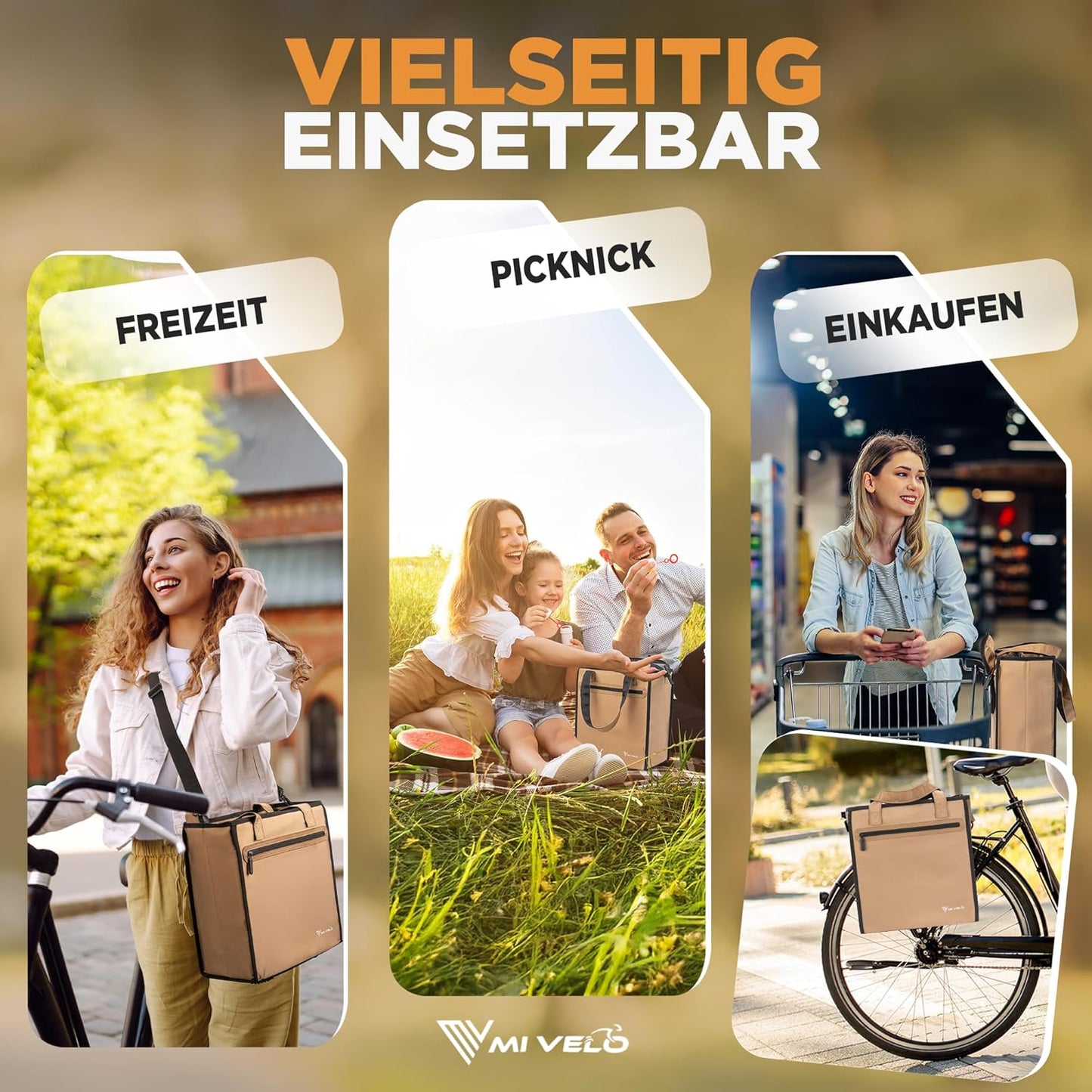 MIVELO - Sac à vélo pour les courses - Capacité de 25 litres et sac réfrigérant amovible - Polyester - Beige