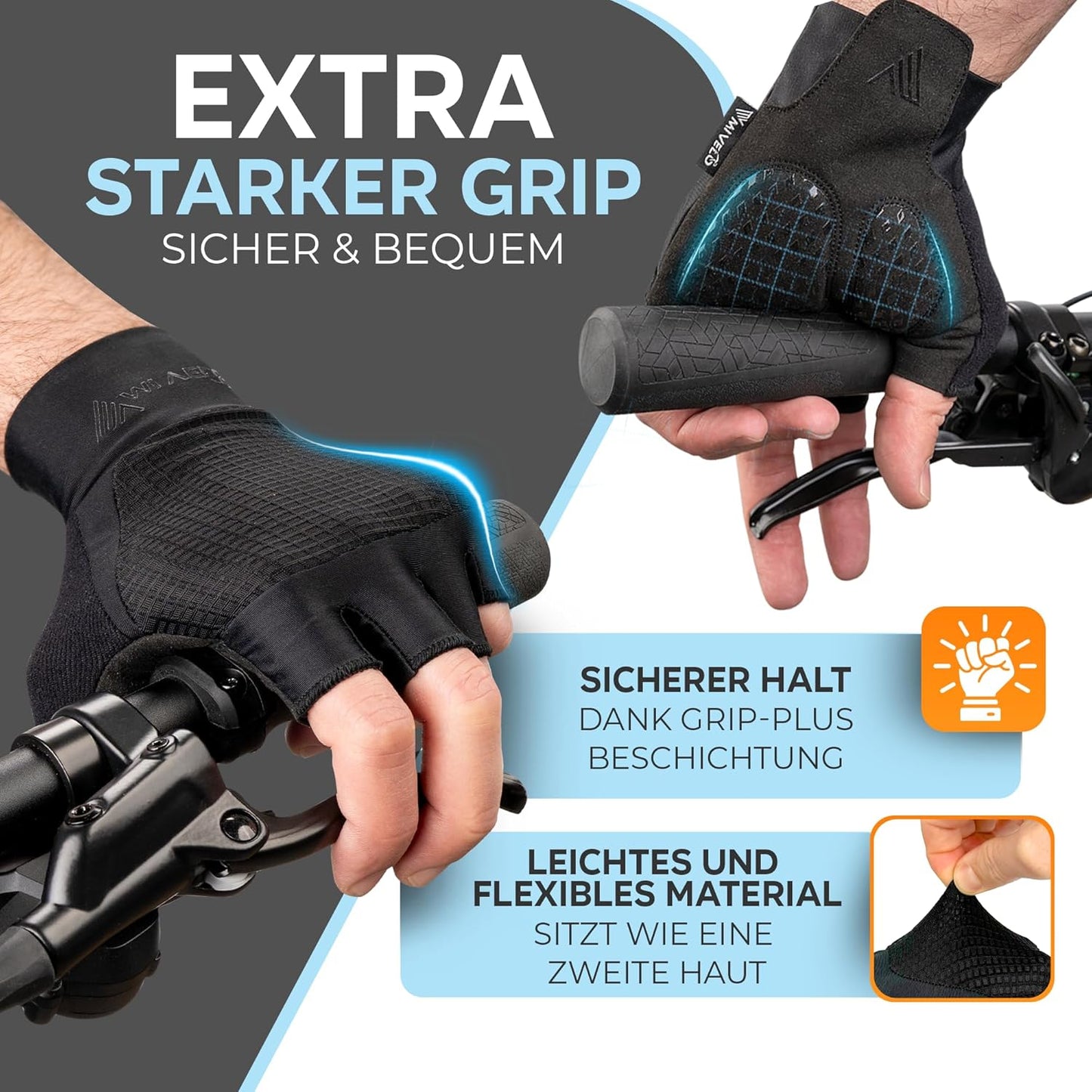 MIVELO Gants de cyclisme rembourrés - Modèle d'été - Respirant et sans doigts - Forte adhérence - Noir - Taille M