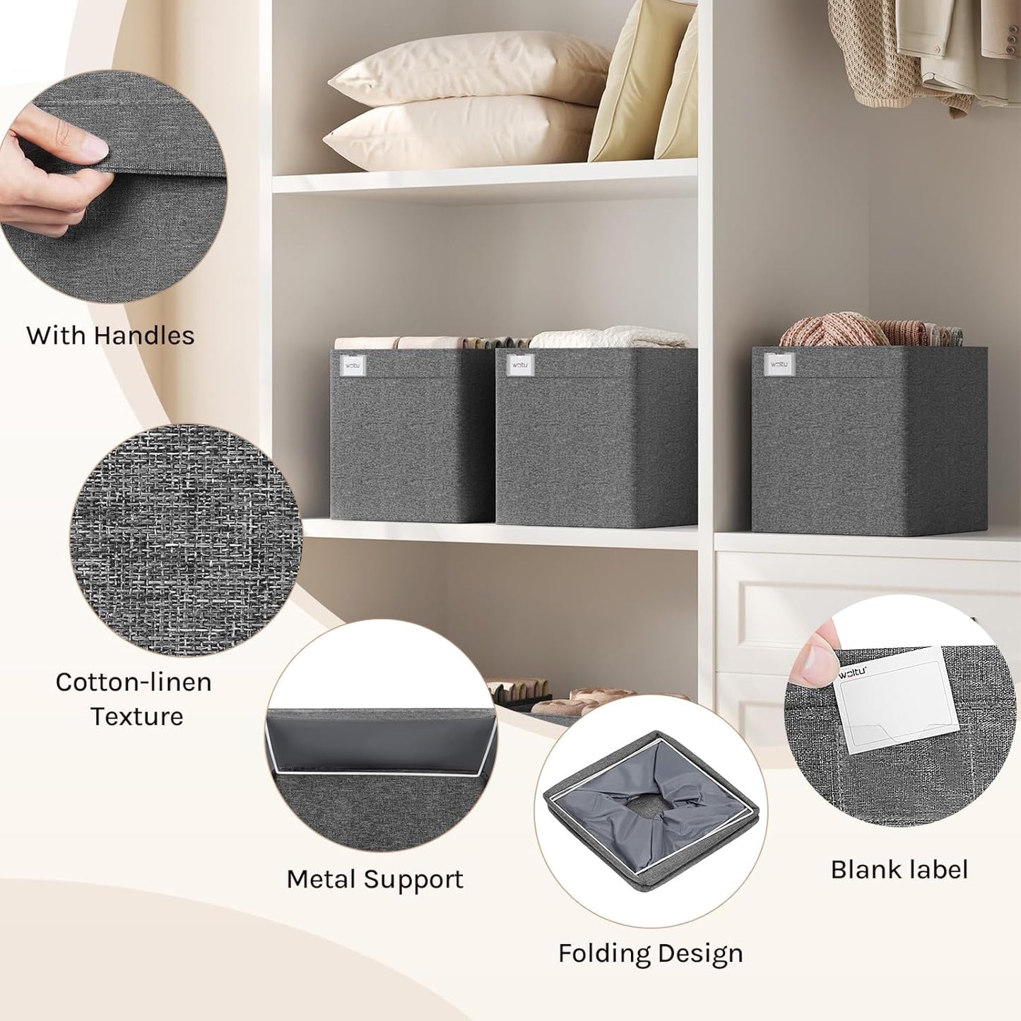 Woltu Boîte de rangement pliable Lot de 3 - Gris - 32.5x32.5x32 cm - Cubes de rangement robustes en tissu avec poignées et porte-étiquettes