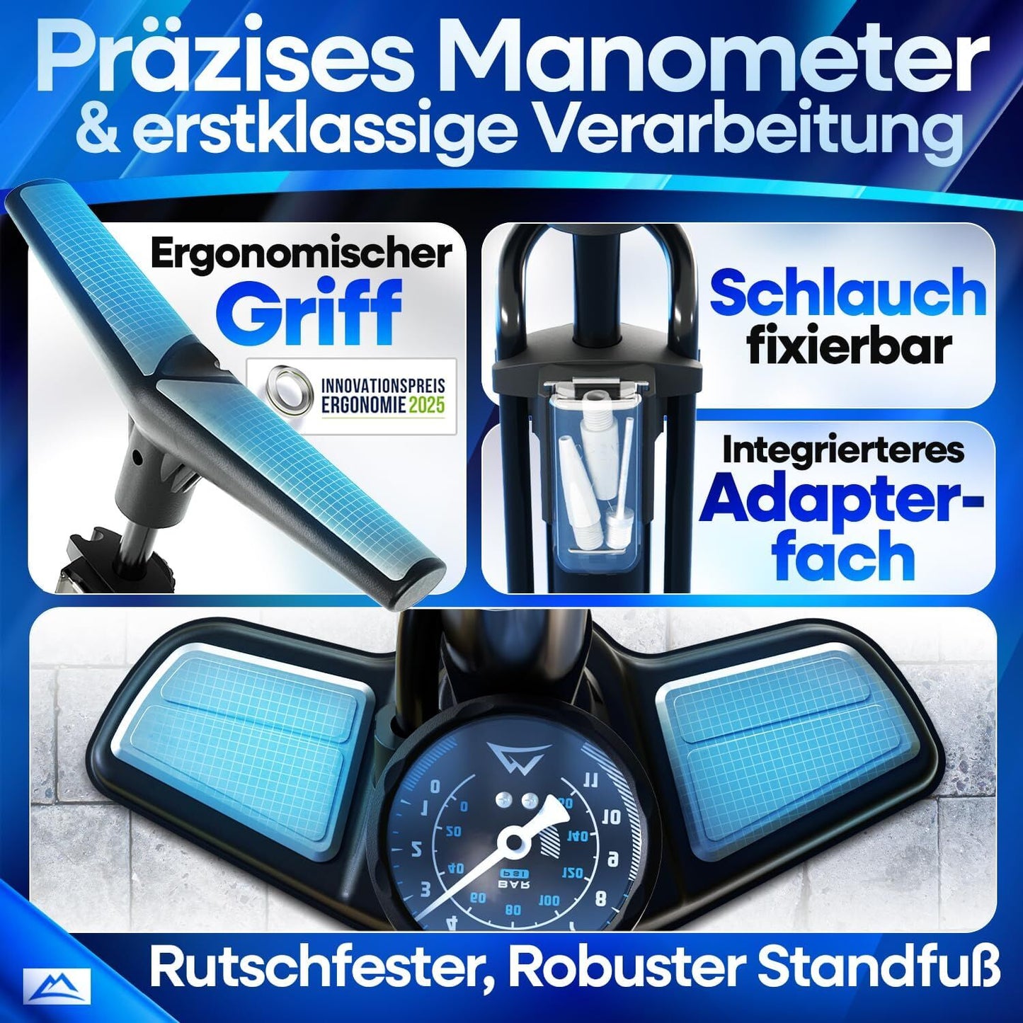 NEXTCOVER® pompe à vélo Toutes valves - Technologie Airflow - Pompe pour voiture valve - manomètre - Pompe à air vélo