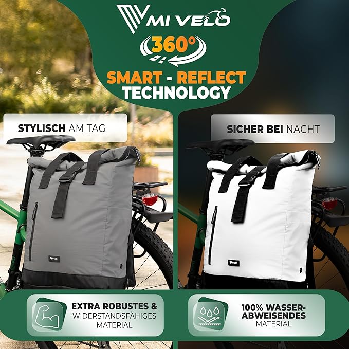 MIVELO - Sacoche pour porte-bagages - Capacité 22 l - Polyester - Réfléchissant & Noir - Avec pochette pour ordinateur portable & bandoulière - Pour E-bike & City Bike