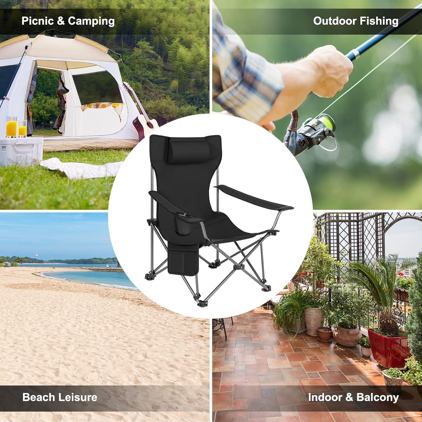Chaise de camping pliable Woltu - Chaise longue et chaise de pêche avec repose-pieds et porte-gobelet - 160x88,5x84 cm - Noir