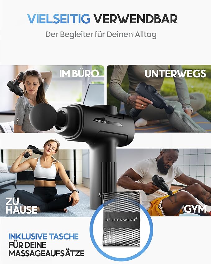 HELDENWERK Pistolet de massage avec 6 accessoires - 3200 rpm, USB-C, masseur musculaire - Noir