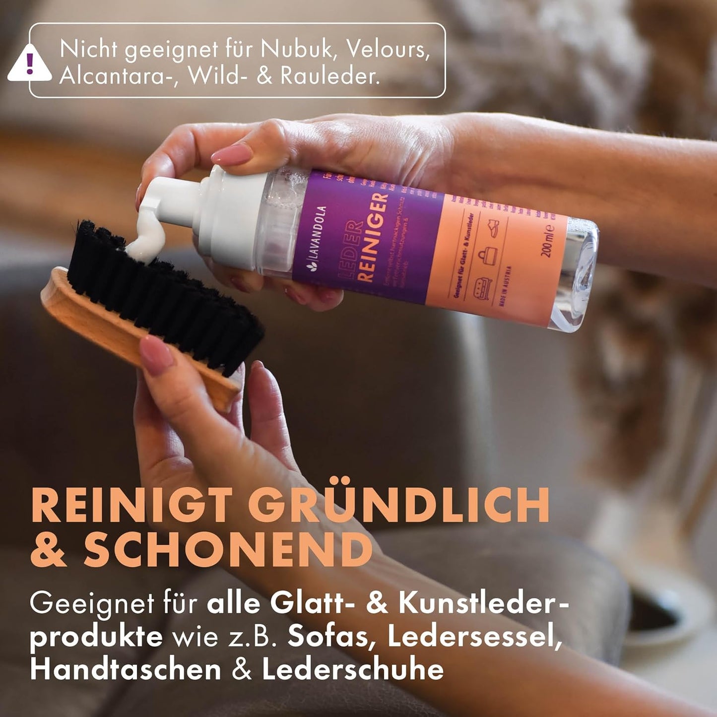 Lavandola Leather Cleaner 200 ml - mousse nettoyante douce et efficace - pour le cuir lisse et le similicuir - contre les salissures tenaces - convient pour les canapés et les fauteuils en cuir