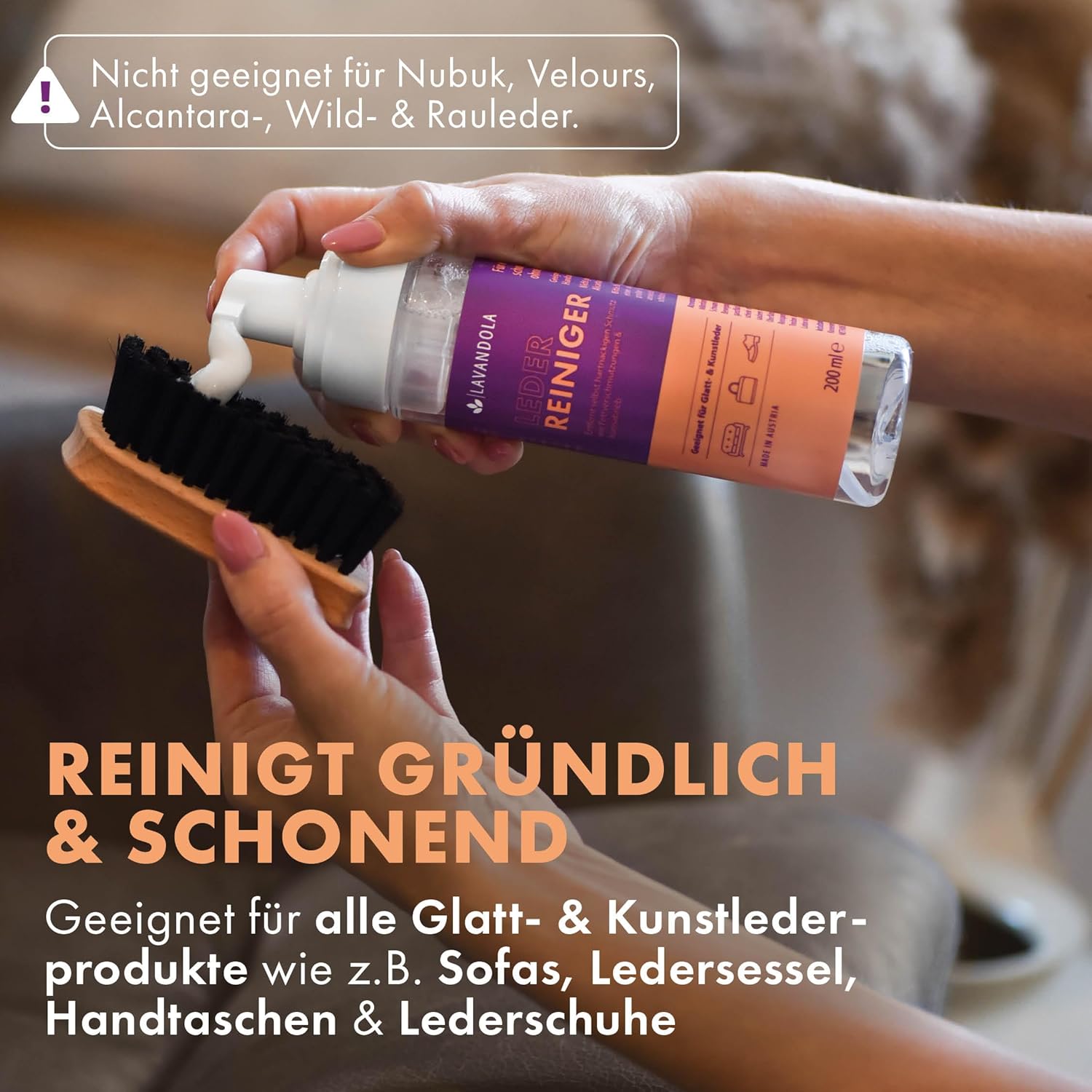 Lavandola Leather Cleaner 200 ml - mousse nettoyante douce et efficace - pour le cuir lisse et le similicuir - contre les salissures tenaces - convient pour les canapés et les fauteuils en cuir