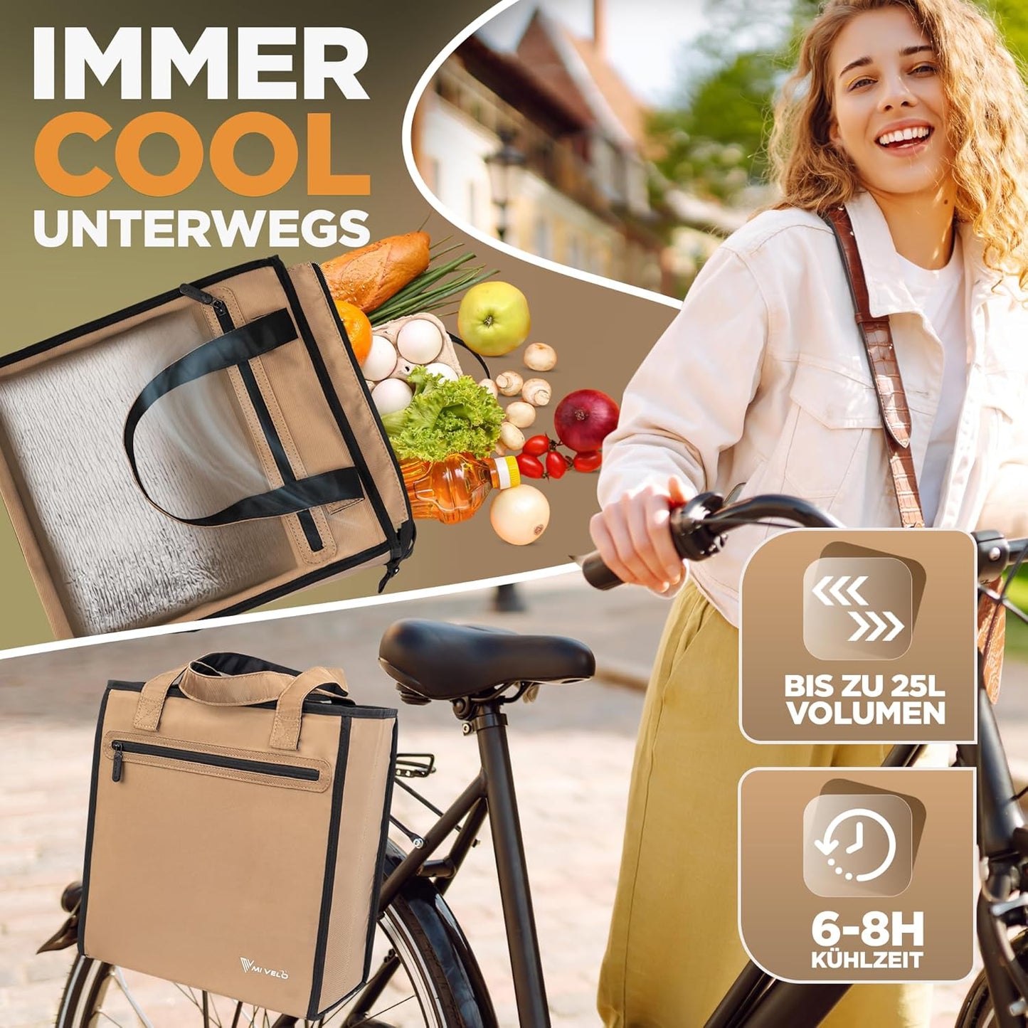 MIVELO - Sac à vélo pour les courses - Capacité de 25 litres et sac réfrigérant amovible - Polyester - Beige