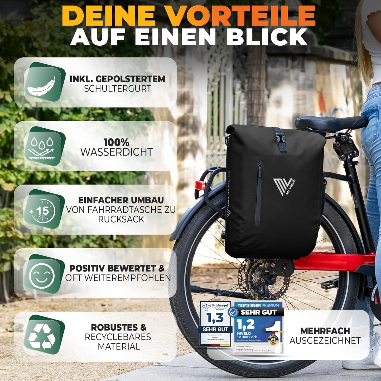 MIVELO 3-in-1 Pannier - Imperméable - Sac à dos et à bandoulière - Compartiment pour ordinateur portable inclus - 20L - Noir