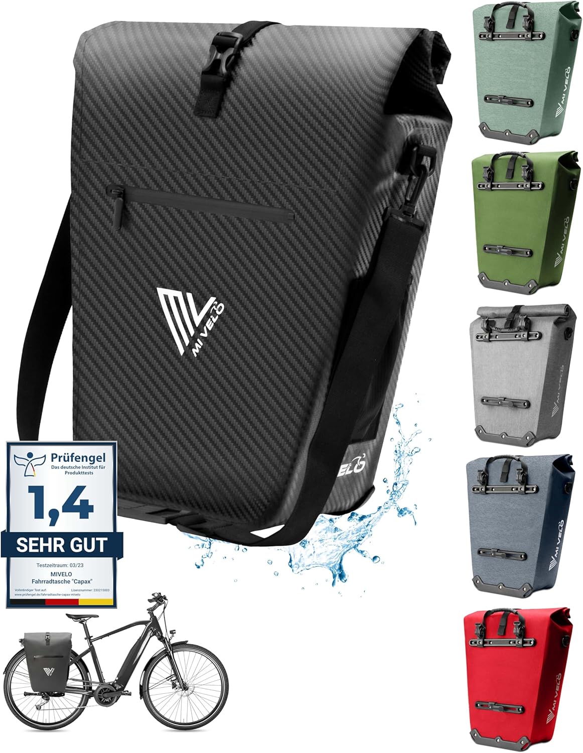 MIVELO Sacoche pour vélo - 100% étanche - Compartiment pour ordinateur portable - 25L - 43 x 33 x 5 cm - Couleur carbone