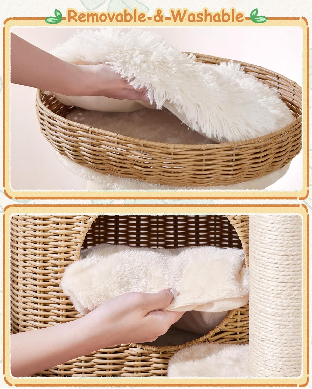 Yaheetech Poste pour chat avec maison en rotin - 49 x 41 x 91 cm - équipé d'un panier de luxe, de griffoirs en sisal et de tapis amovibles - pour chatons et chats adultes - en rotin beige et en peluche