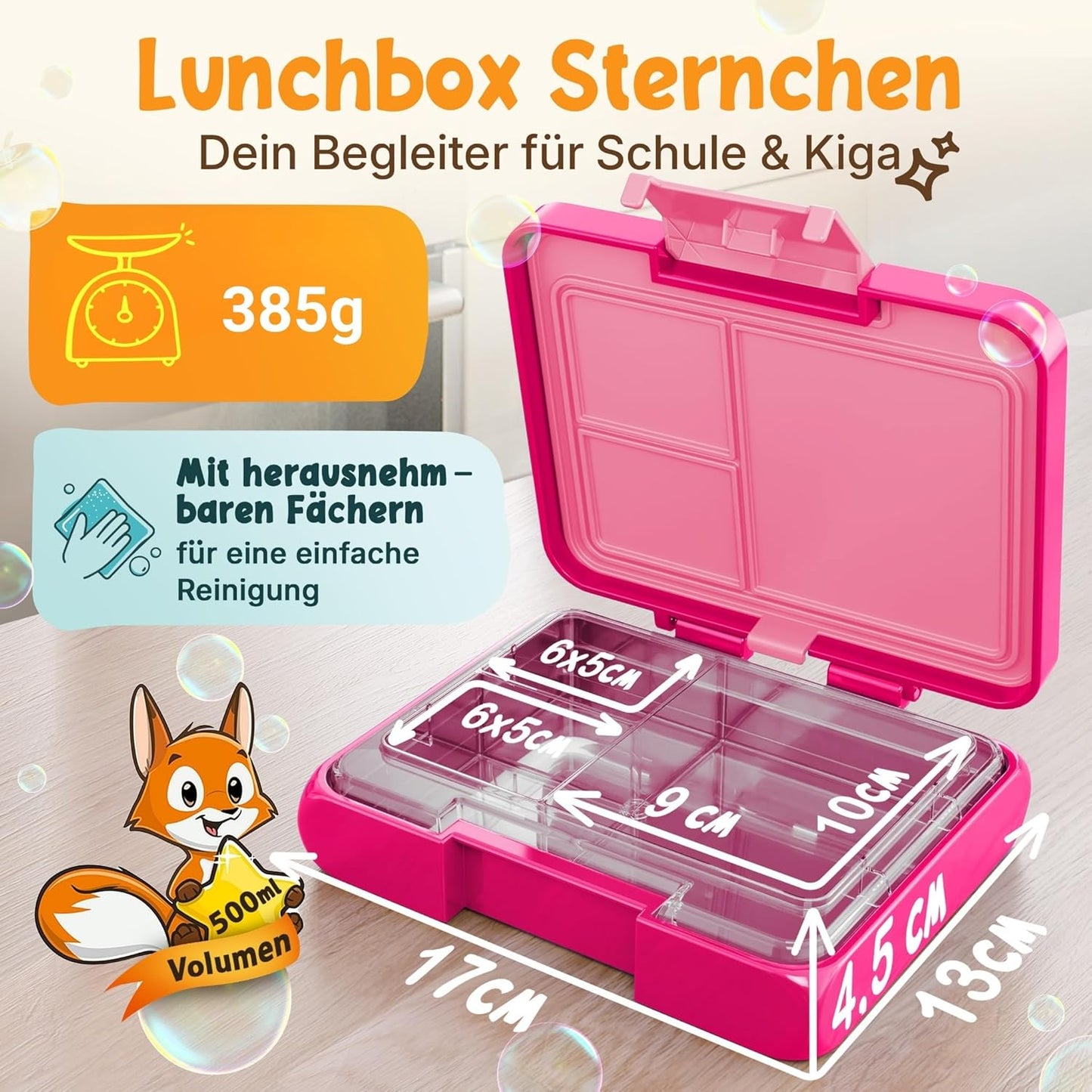 Funkelfuchs® - Boîte à lunch pour enfants avec compartiments - 500ml, rose - Boîte à lunch étoile, petite - Boîte à snack, boîte à snack, boîte à lunch, boîte à repas, boîte à bento pour enfants - pour l'école, la garderie et le jardin d'enfants