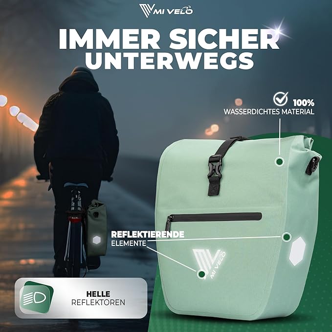 MIVELO Pannier - Imperméable & Incl. Compartiment pour ordinateur portable & Bandoulière - 20 litres - Mint