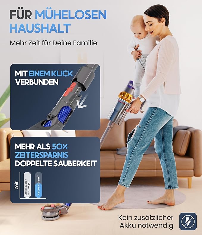 HELDENWERK Accessoire serpillière pour aspirateur Dyson V6, accessoires Dyson, accessoire serpillière, balai électrique avec réservoir d'eau, réservoir de recharge et 8 serpillières lavables.