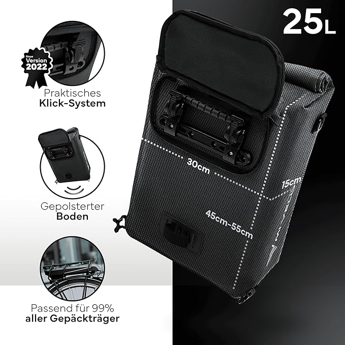 MIVELO 3-in-1 Pannier - Sac à dos et sac à bandoulière - Imperméable - Comprend un compartiment pour ordinateur portable - 20L - Noir réfléchissant