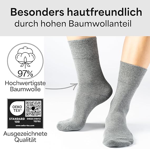 HELDENWERK Chaussettes diabétiques pour hommes et femmes, 10 paires, chaussettes diabétiques sans élastique et sans couture en 97% coton, chaussettes de santé extra larges avec bande confortable - Taille 39-42 - Gris