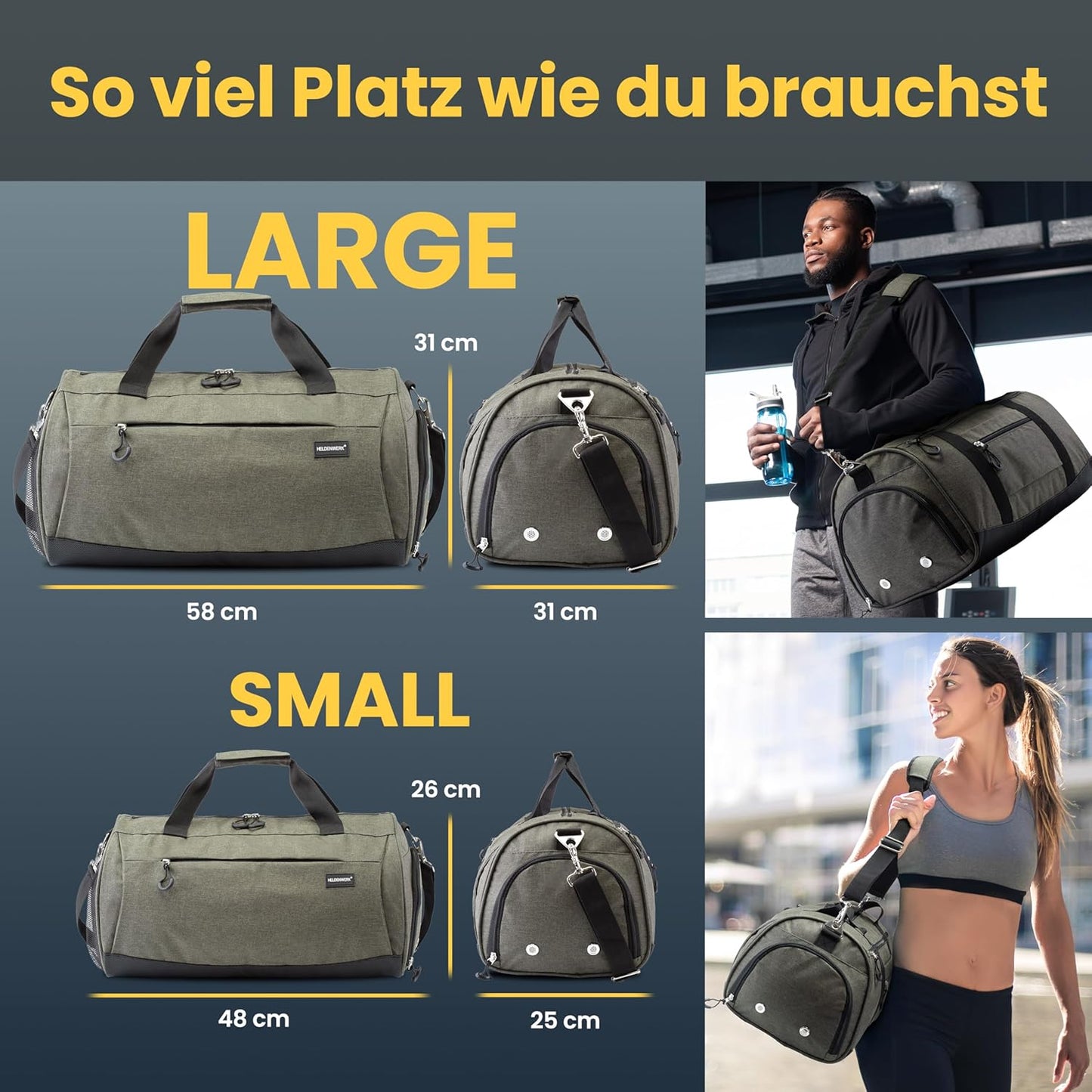 Sac de sport Heroic - Compartiment à chaussures - 50L - 58x31x31cm - Vert