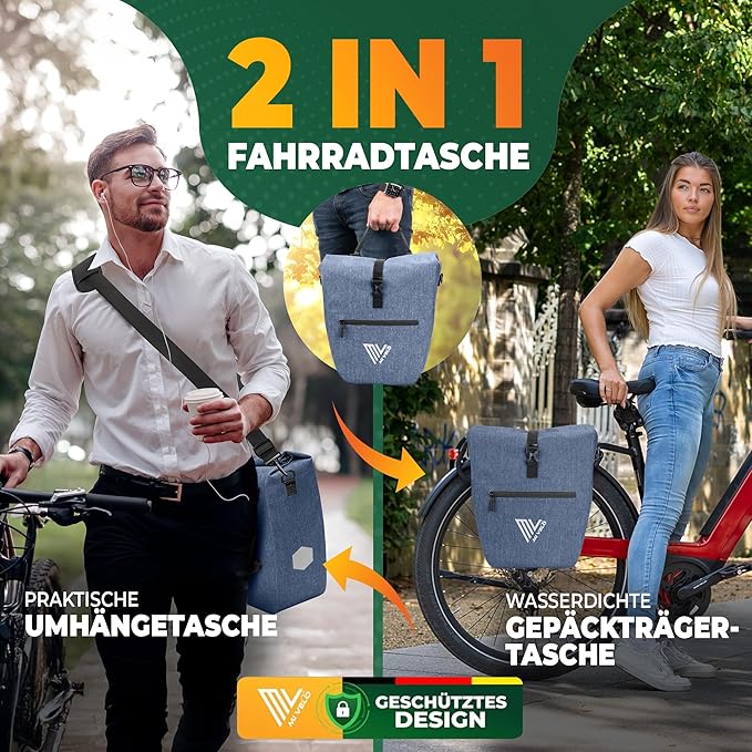 MIVELO Pannier - Imperméable & Incl. Compartiment pour ordinateur portable & Bandoulière - 20 litres - Bleu denim