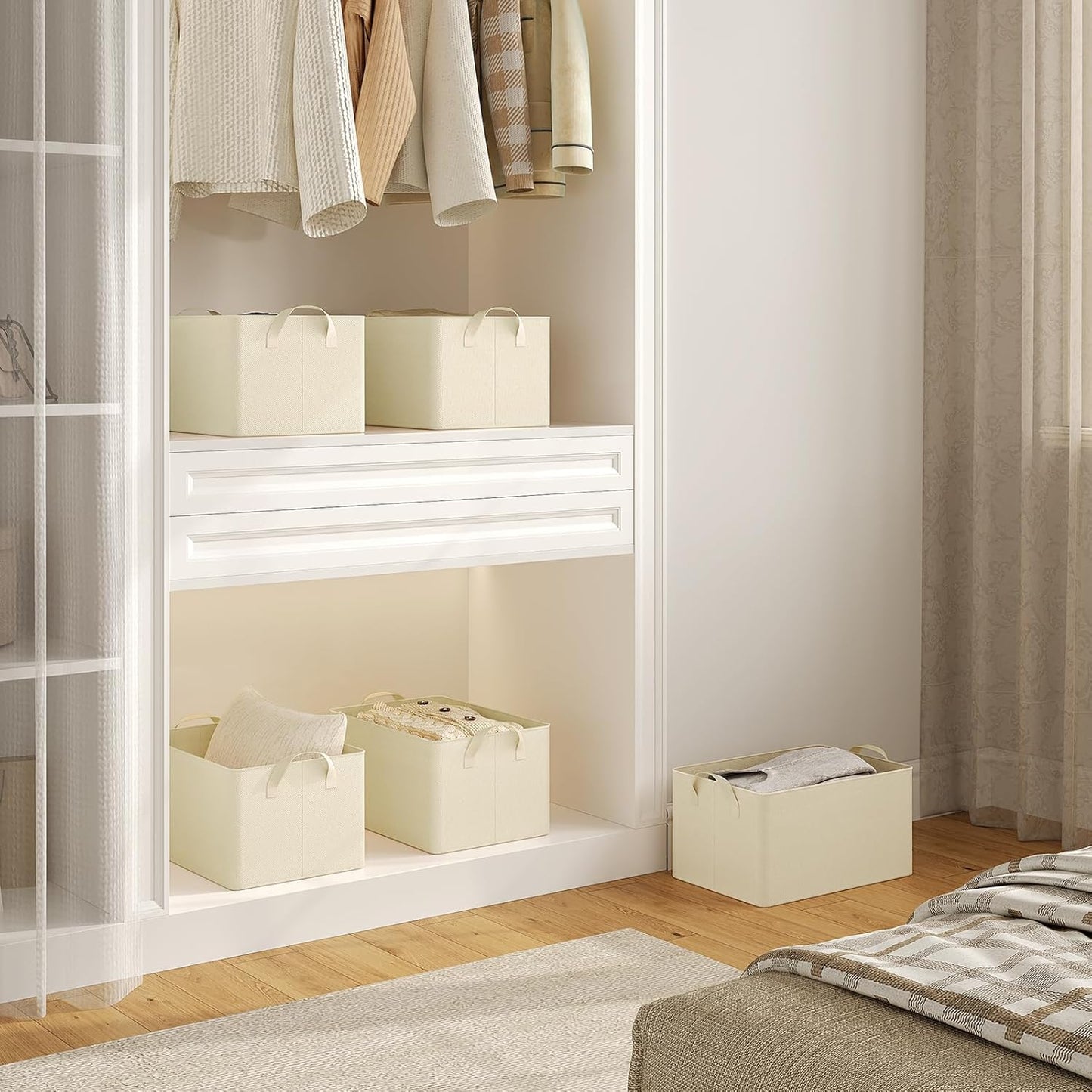 Woltu Boîte de rangement pliable Lot de 5 - Cubes de rangement en tissu avec poignées - Boîtes de rangement empilables pour vêtements et jouets - Crème - 37,5 x 20 x 26 cm