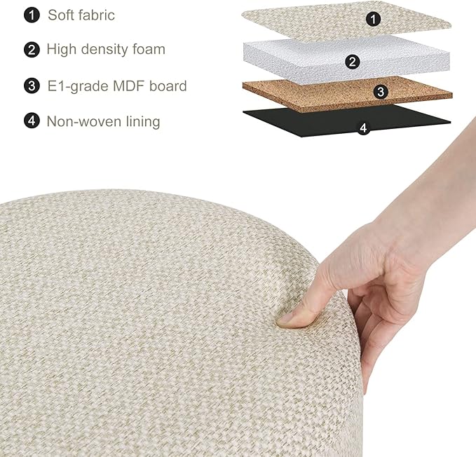 WOLTU pouf de rangement - pouf rond avec couvercle - lin crème blanc - 39 x 33 cm - pieds en bois