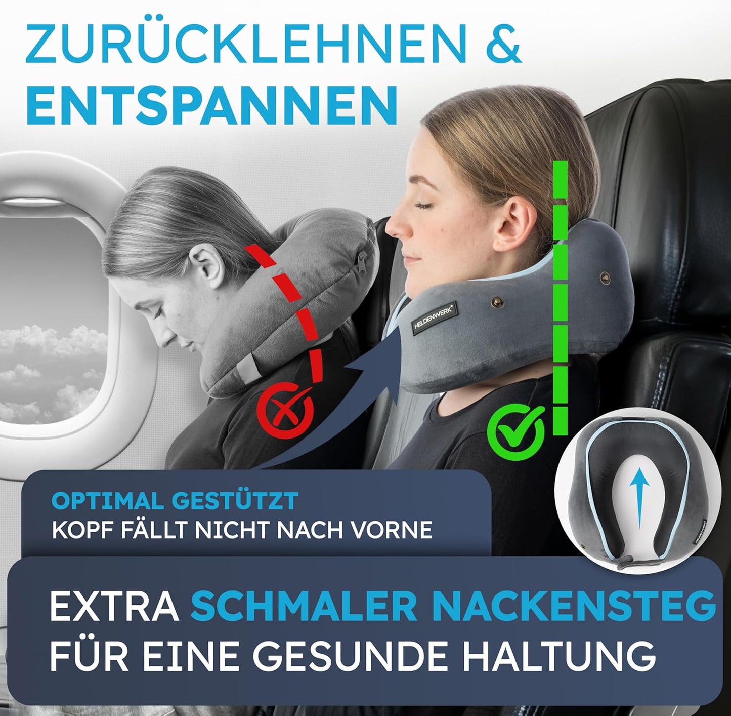 Heroism Oreiller de cou - Avec capuche - Réglable dans 6 directions - Lavable - Gris