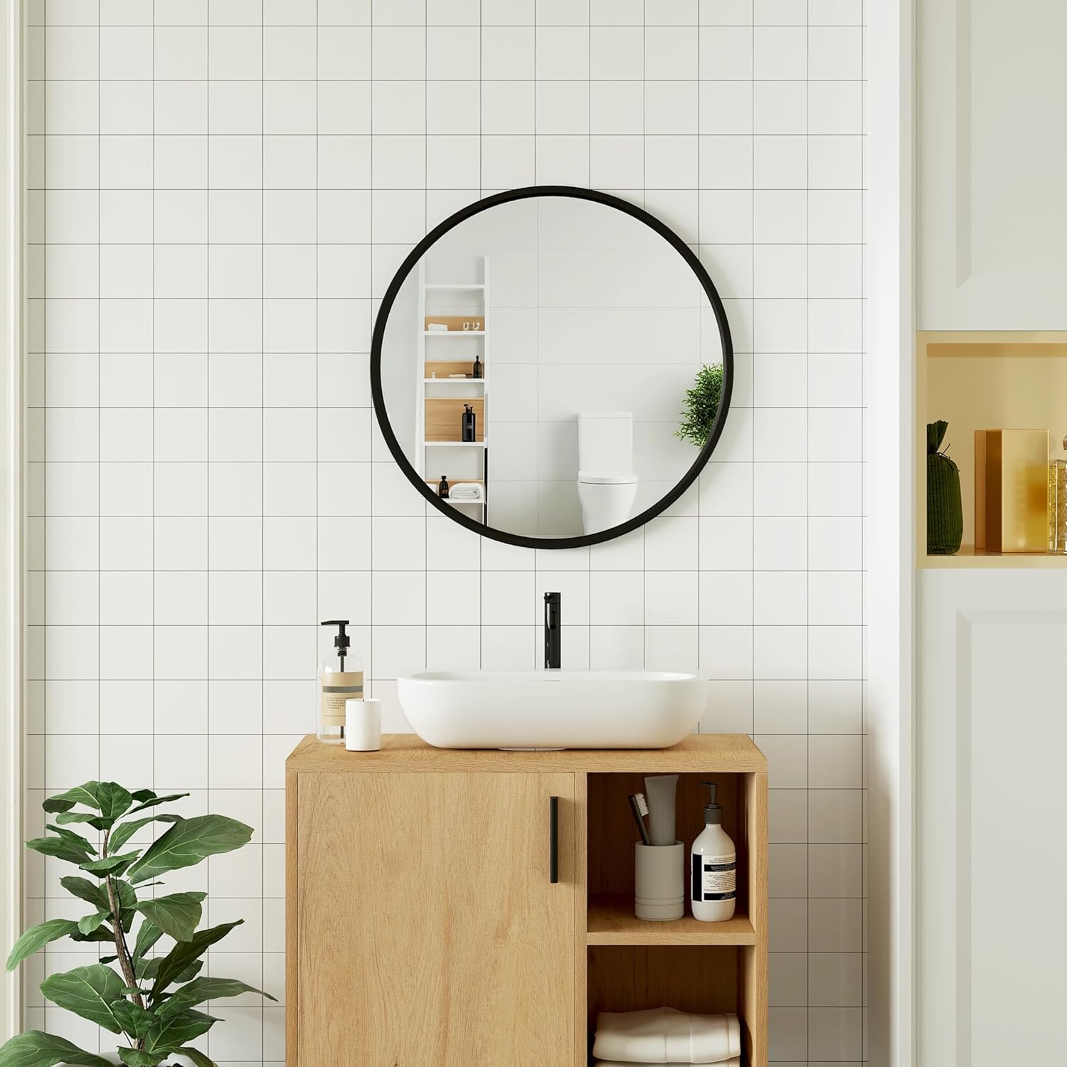 Woltu Miroir mural rond Ø 50 cm - Cadre en métal noir - Miroir décoratif moderne pour la salle de bain, la chambre, le couloir et le salon