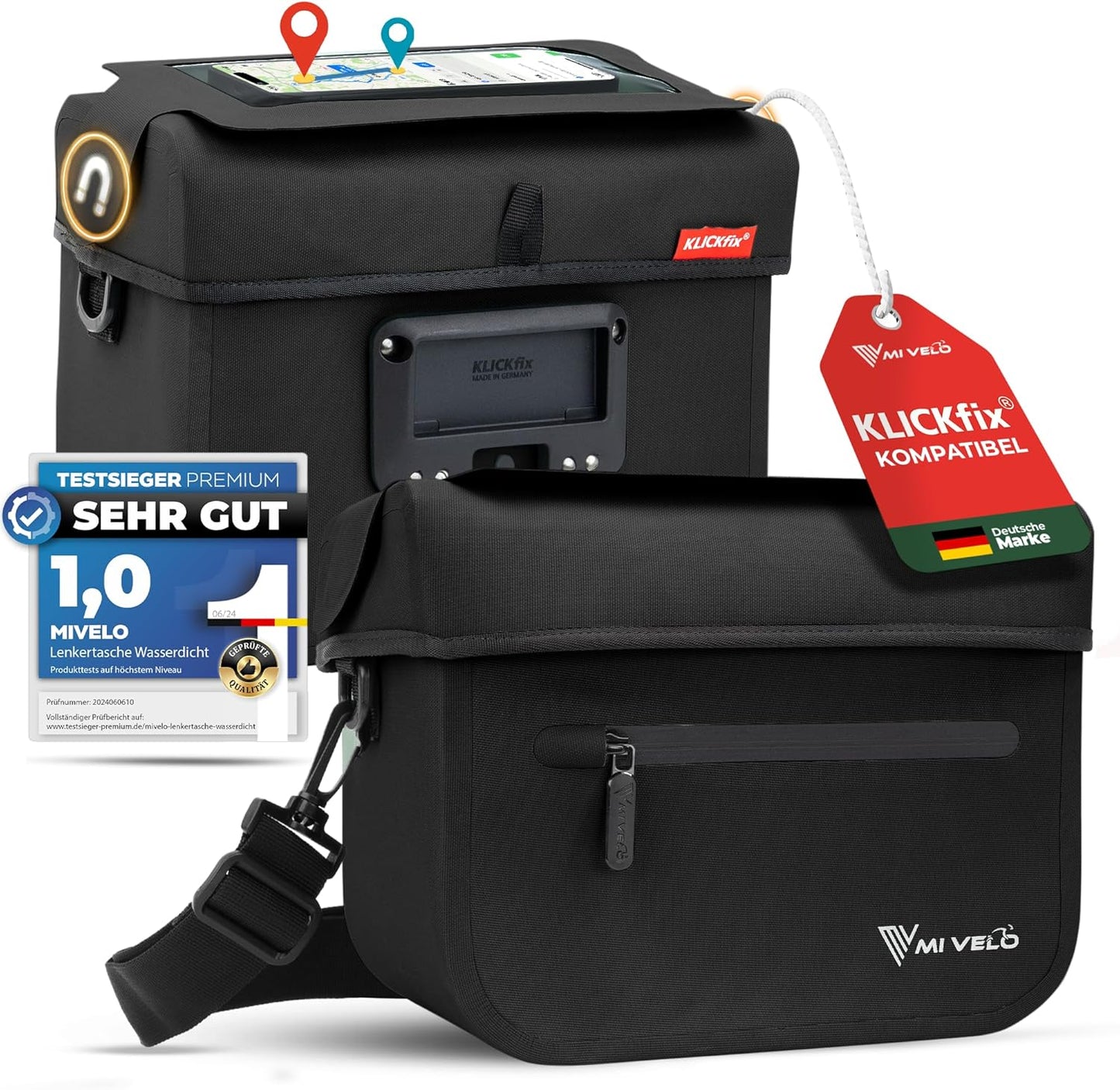 MIVELO Sacoche guidon OSKAR - 6L - Isolé - Déperlant - Poche téléphone - KLICKfix - Noir
