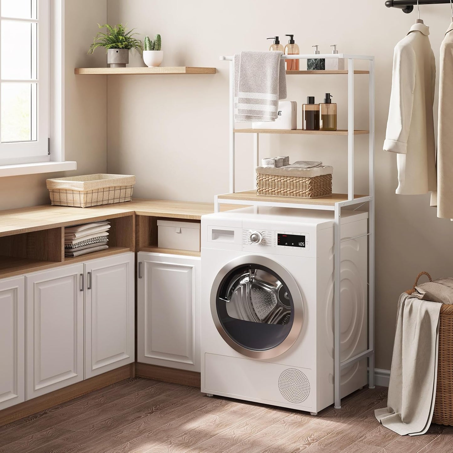 Eugad Support pour lave-linge / Support pour toilettes - Meuble de rangement supérieur avec 3 étagères et porte-serviettes - 67 x 162 x 40 cm - Blanc