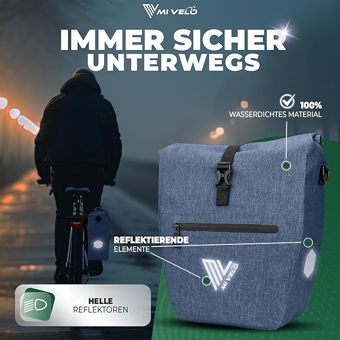 MIVELO Pannier - Imperméable & Incl. Compartiment pour ordinateur portable & Bandoulière - 20 litres - Bleu denim