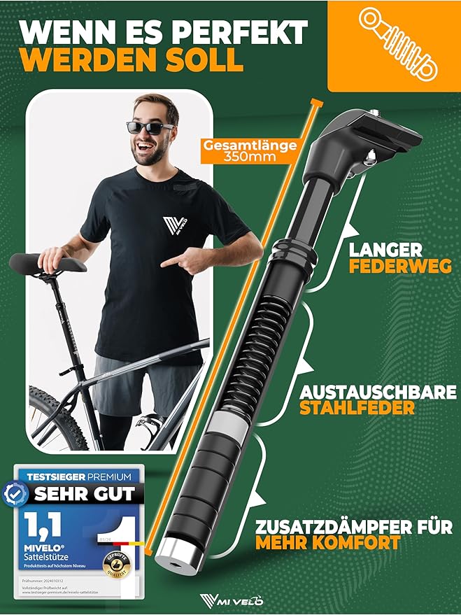 Tige de selle à suspension MIVELO - Réglable - Max. 120 kg - Ø30.9 mm - Noir