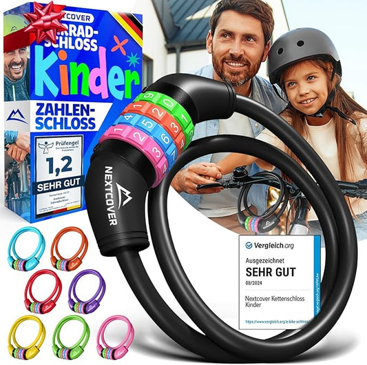NEXTCOVER® Cadenas pour vélo d'enfant - Code numérique à 4 chiffres - Cadenas à combinaison pour vélo avec chiffres colorés - Cadenas pour scooter Extra robuste et sûr - Noir