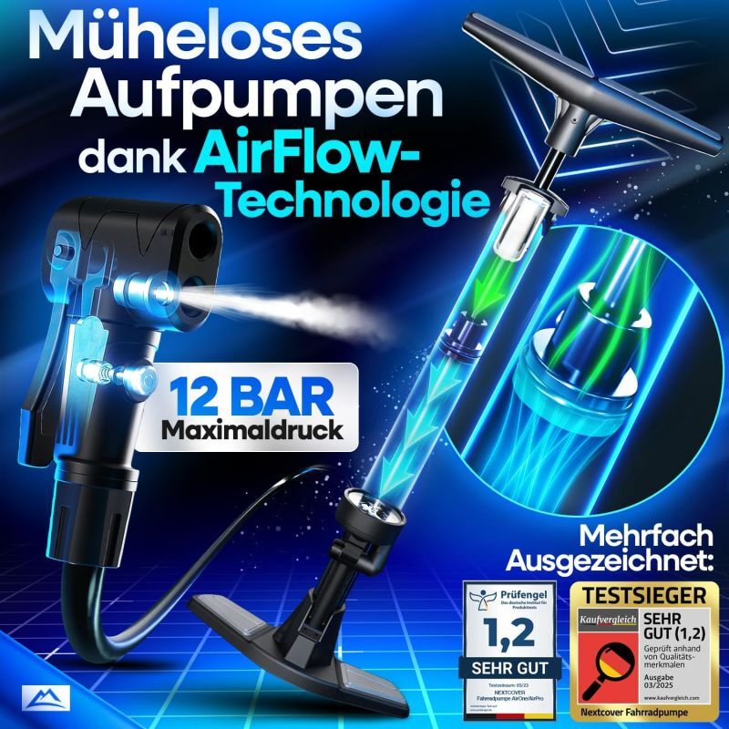 NEXTCOVER® pompe à vélo Toutes valves - Technologie Airflow - Pompe pour voiture valve - manomètre - Pompe à air vélo