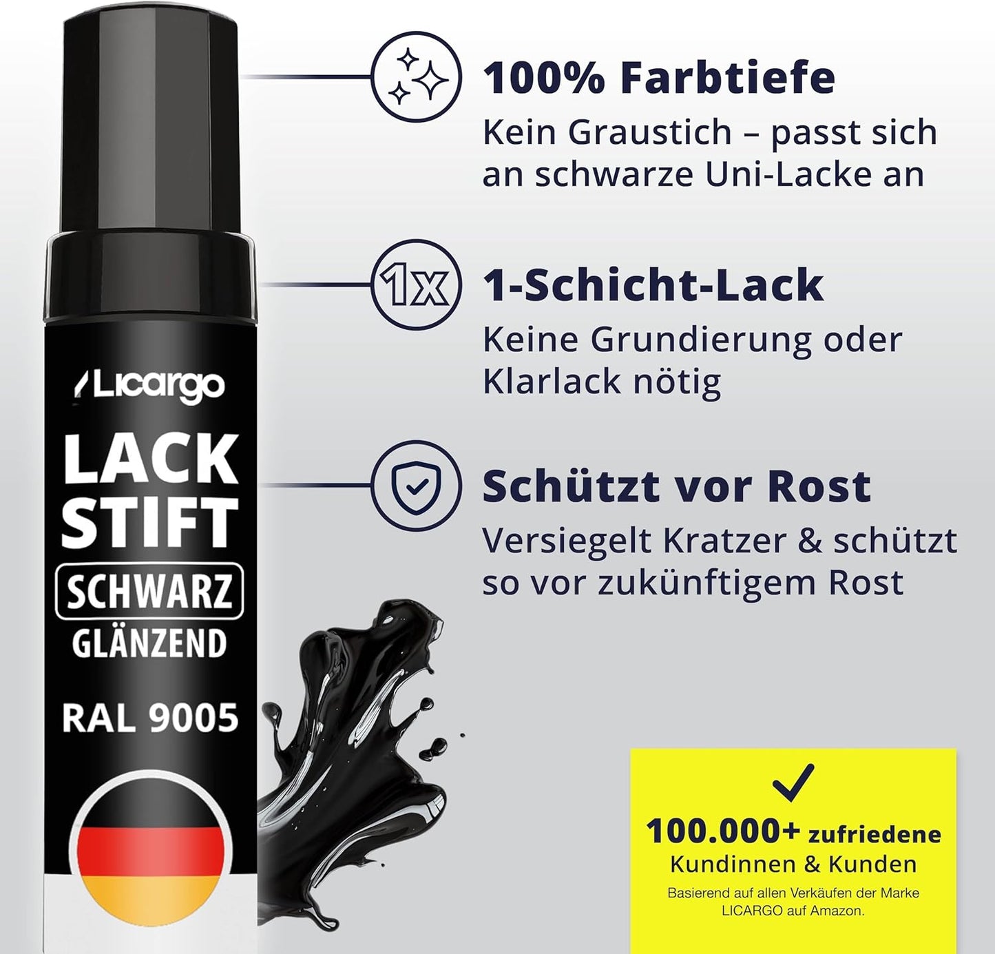 Licargo Lacquer Stick Car Black Gloss 12 ml - Pinceau de précision - Séchage rapide Réparation des rayures et des éclats de pierre