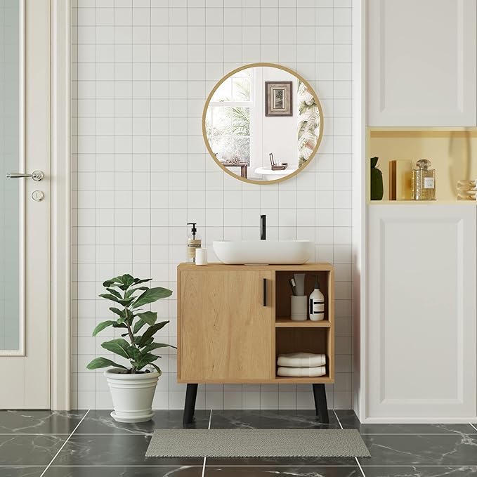 Woltu Miroir mural rond 50 x 50 cm - Cadre doré - Miroir moderne pour la salle de bain, la chambre et le couloir