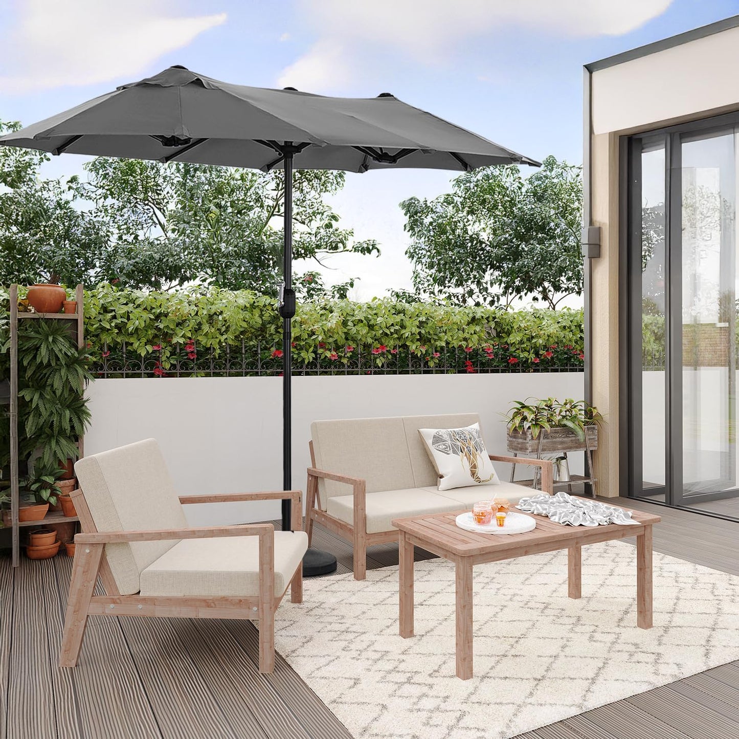 Angel Living Parasol double - 460 x 270 cm - avec manivelle Grand parasol Parapluie de marché - UPF 50+ - gris - 2.97x1.53cm