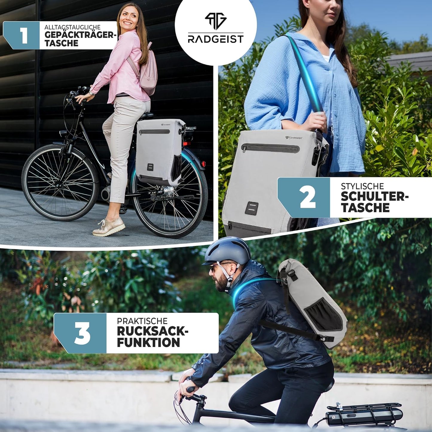 RADGEIST sacoche vélo pour porte-bagages I sacoche vélo & sac à dos I sacoche vélo 100% étanche (réfléchissant)