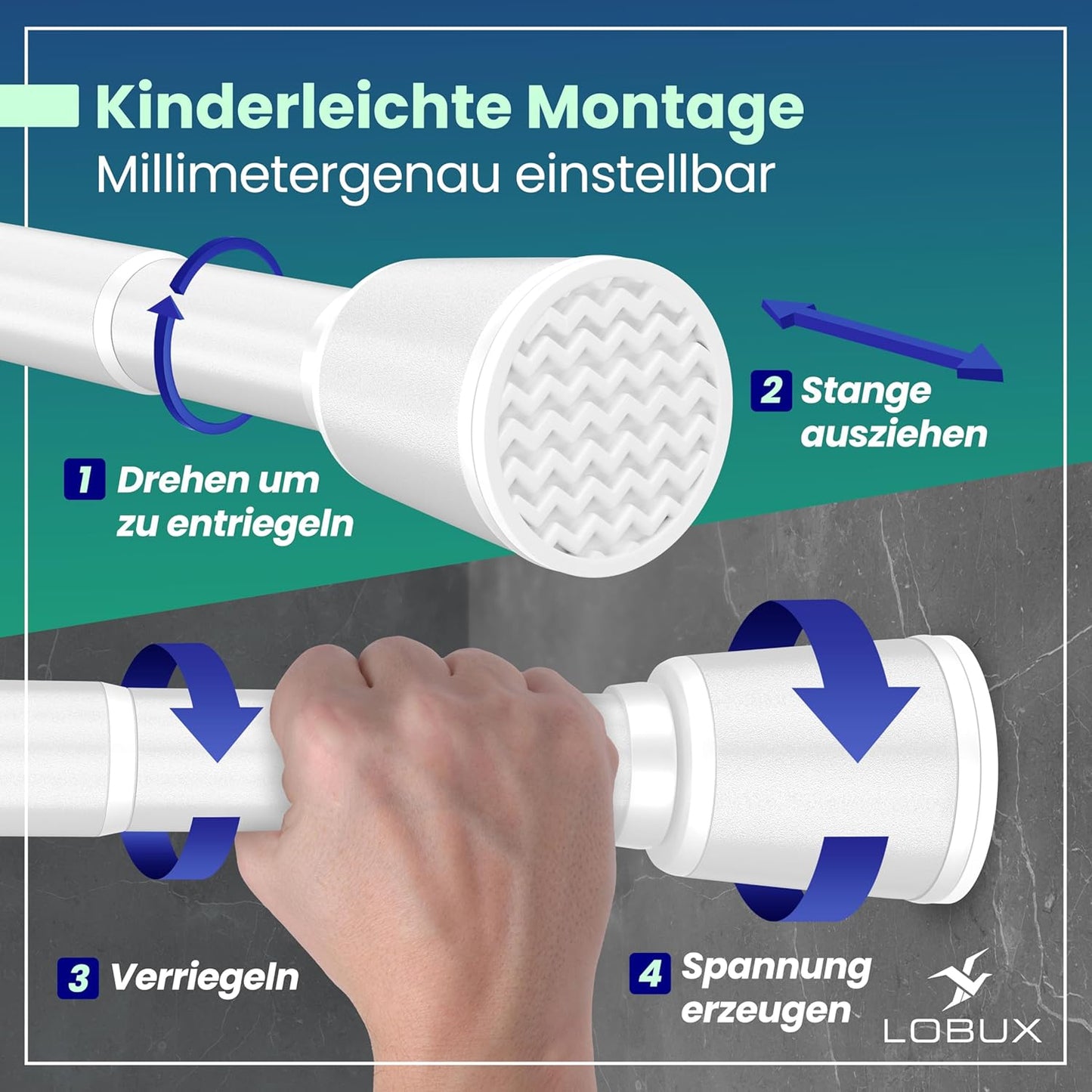 LOBUX® - Tringle à rideau sans perçage [blanc, 210-300cm] - tringle télescopique extension de rideau - tringle de douche sans perçage - tringle à rideau, tringle à rideau de douche, tringle à linge, tringle de serrage filet de chat