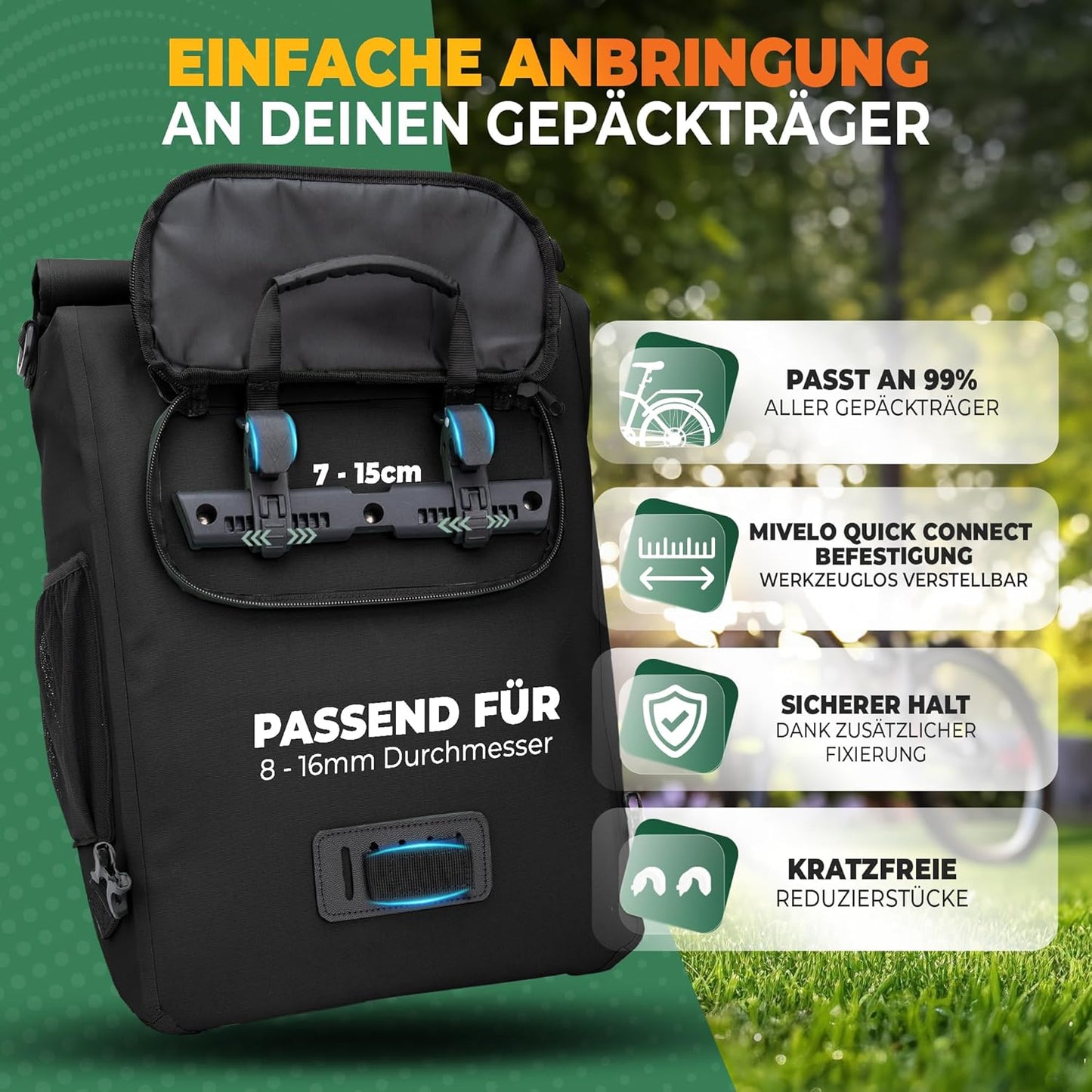 MIVELO 3-in-1 Pannier - Imperméable - Sac à dos et à bandoulière - Compartiment pour ordinateur portable inclus - 20L - Noir