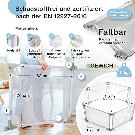 BabybeFun Baby Box pliable 150x180 cm - Gris - Box stable et flexible pour bébés et enfants en bas âge - Barrière de sécurité et grille de protection